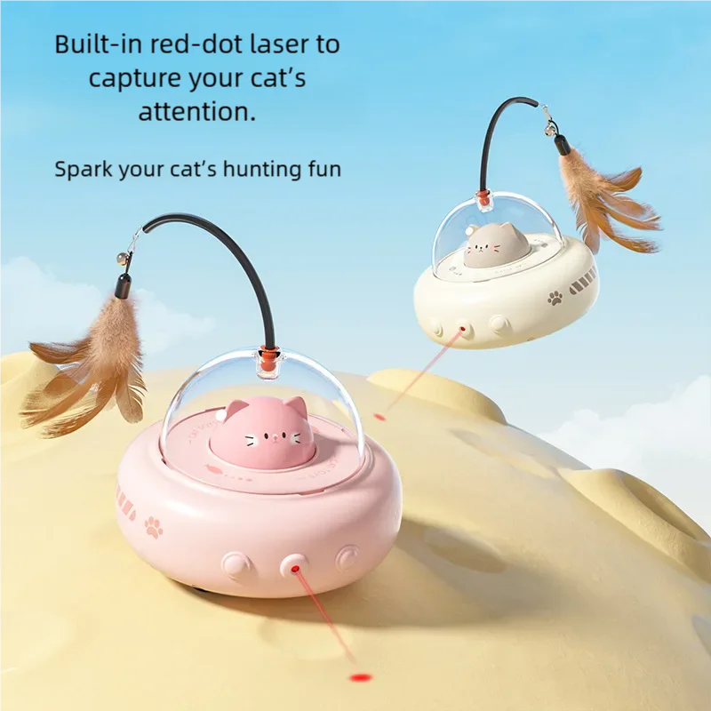 Electric UFO Smart Teaser Cat Toy with Bell Interactive Pet Teaser Stick Replaceable Feather Training Supplies for Cats