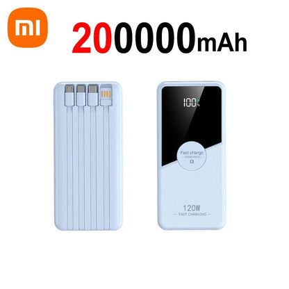 PowerBank 200000mAh Large Capacity with 4 Cables Fast Charging Portable Battery Charger for IPhone16 15 14 Samsung Xiaomi