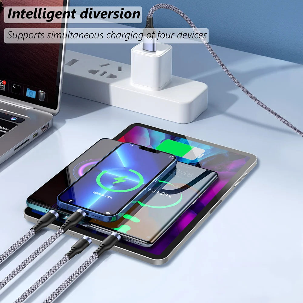 Multi USB Charging Cable (3A) USB Cable 4 in 1 Fast Charging Cord Adapter for iphone Android Phones Tablets and More