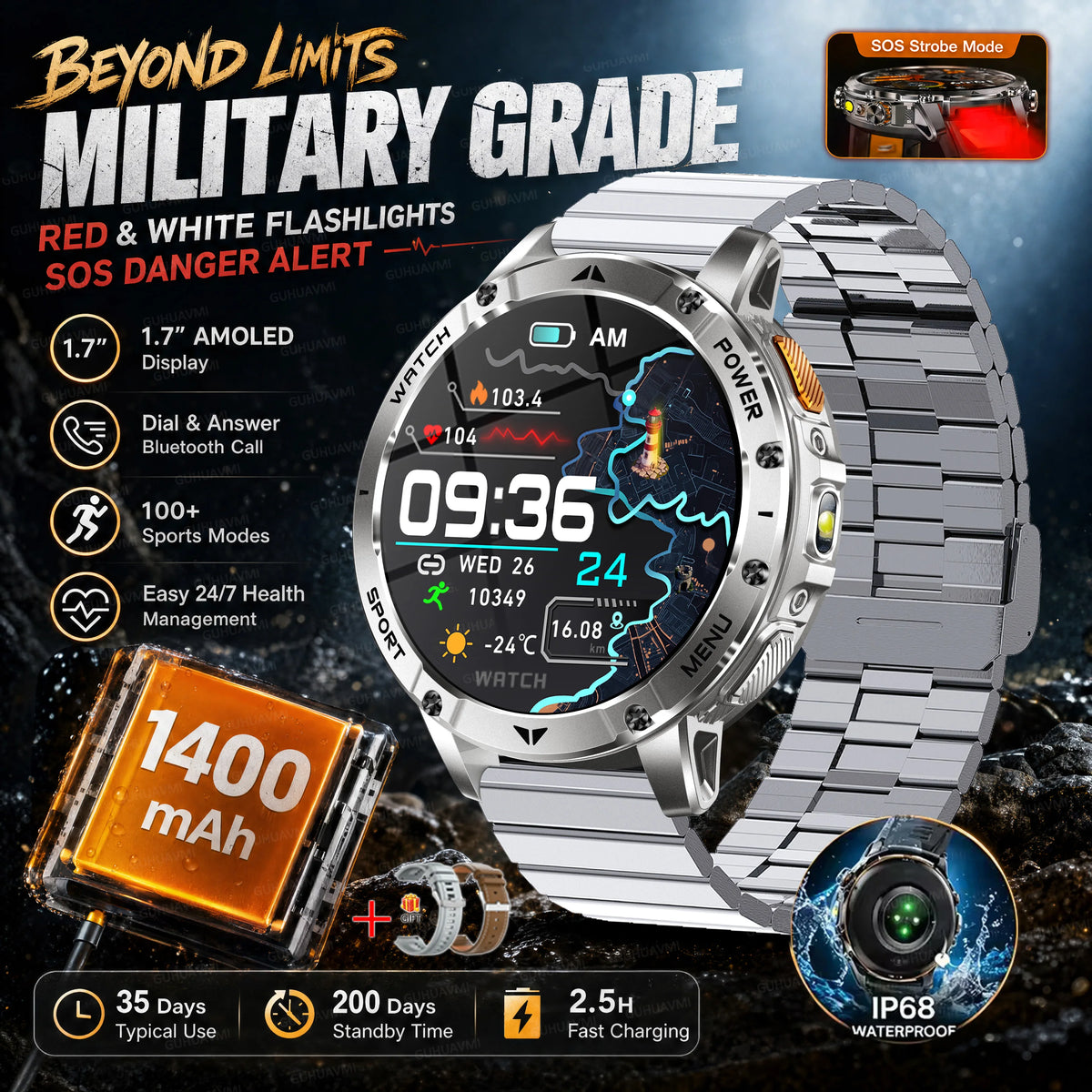 Ultra Large 1400mAh Battery Sport Smartwatch 1.7” Heart Rate Tactical Strong Flashlight 5ATM Waterproof Call Smart Watch For Men