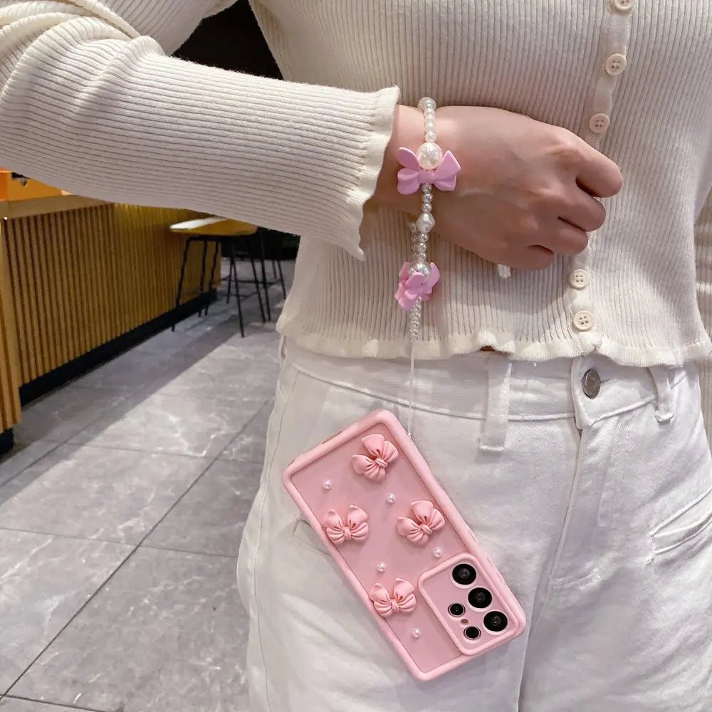 3D Pearl Pink Bow Lanyard Phone Case For Samsung Galaxy S25 S24 Ultra S23 S22 S21 Plus A53 A54 Bracelet Wrist Strap Soft Cover