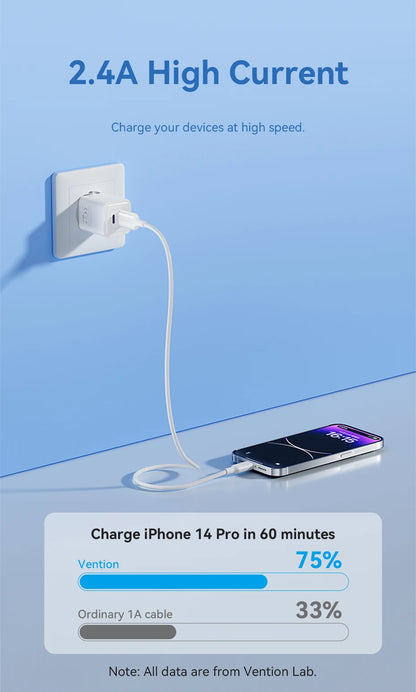 Vention Lightning Cable 2.4A for iPhone 14 13 12 11 8 Pro Max 2.4A USB A to Lightning Fast Charge Cord for iPad Phone Data Cable