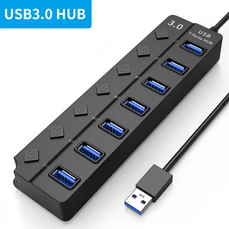 USB HUB 3.0 USB 2.0 Hub Multi USB Splitter Hub Use Power Adapter 4/7 Port Multiple Expander USB 3.0 Hub with Switch 30CM Cable