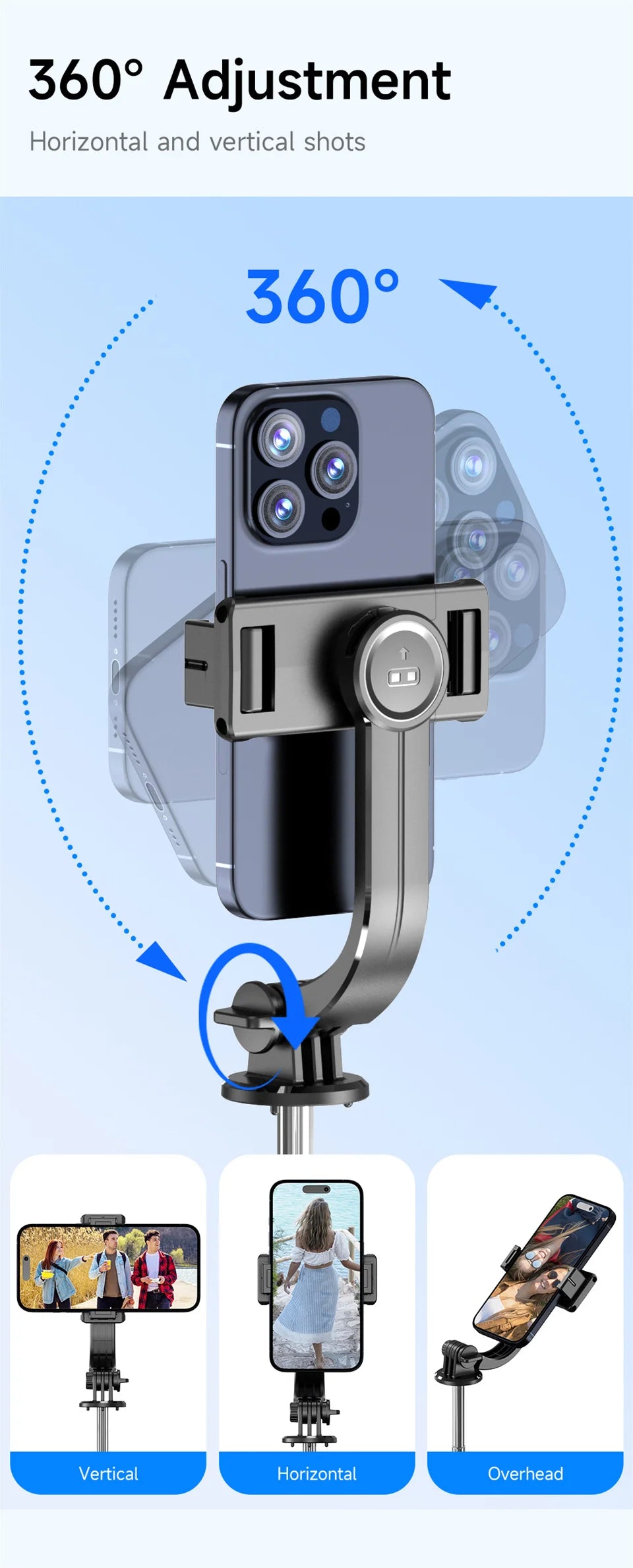 FANGTUOSI Selfie Stick Tripod with Bluetooth Remote, 6-Section Extendable Pole, 360° Rotation, Fill Light Option, for Phone Vlog
