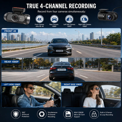 4K 4-CHs Dash Cam WiFi GPS, Front Rear Left Right Car Video Recorder, 24H Parking Monitoring Night Vision Dashcam Supercapacitor