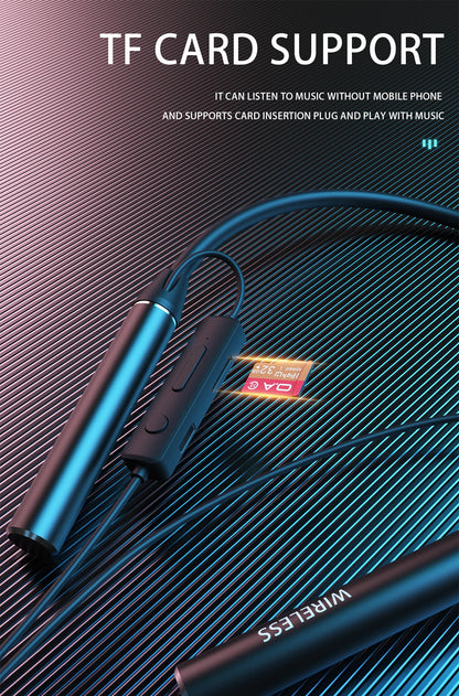Neck-mounted TWS sports Bluetooth earphones with a metal casing, memory neckband, bendable and portable. Supports TF card playback for music. Dual battery design for ultra-long battery life. Supports simultaneous connection t