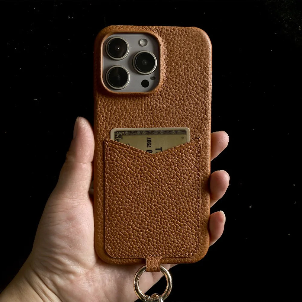 Multifunctional Charging Cable Lanyard Genuine Leather Case for IPhone 18 Pro Max 17Pro 16 15 14 13Pro Crossbody Strap Card Slot