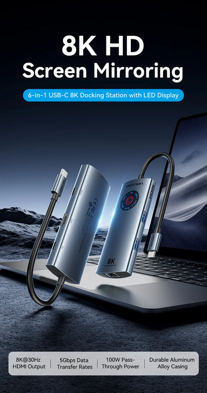 Vention USB C 8K 4K HDMI HUB Led Display USB A C 3.0 3.2 Gen1 Ethernet 1000Mbps Adapter for MacBook iPad HP Dell Samsung Laptop