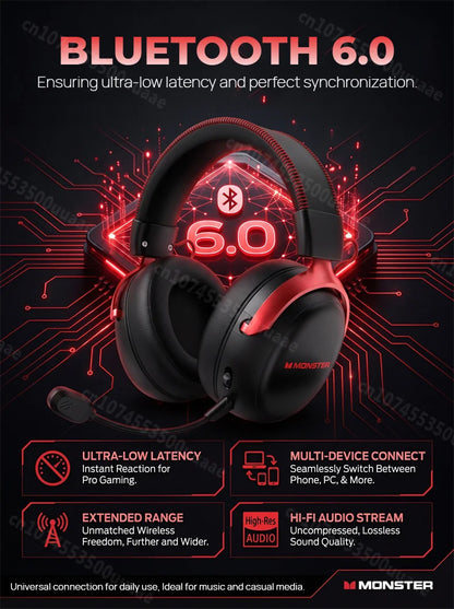 Monster GH04 Wireless Gaming Headphone 2.4G/Bluetooth 6.0 4-Mode 7.1 Surround Sound Esports Gaming Headset with Detachable Mic