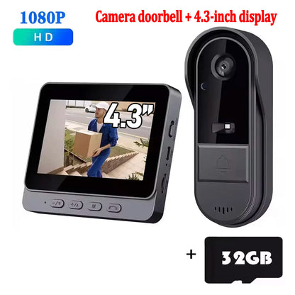 Wireless Wifi Doorbell Camera 1080P Video Intercom Doorbell Waterproof 4.3in IPS Screen Home Security Door Bell IR Night Vision