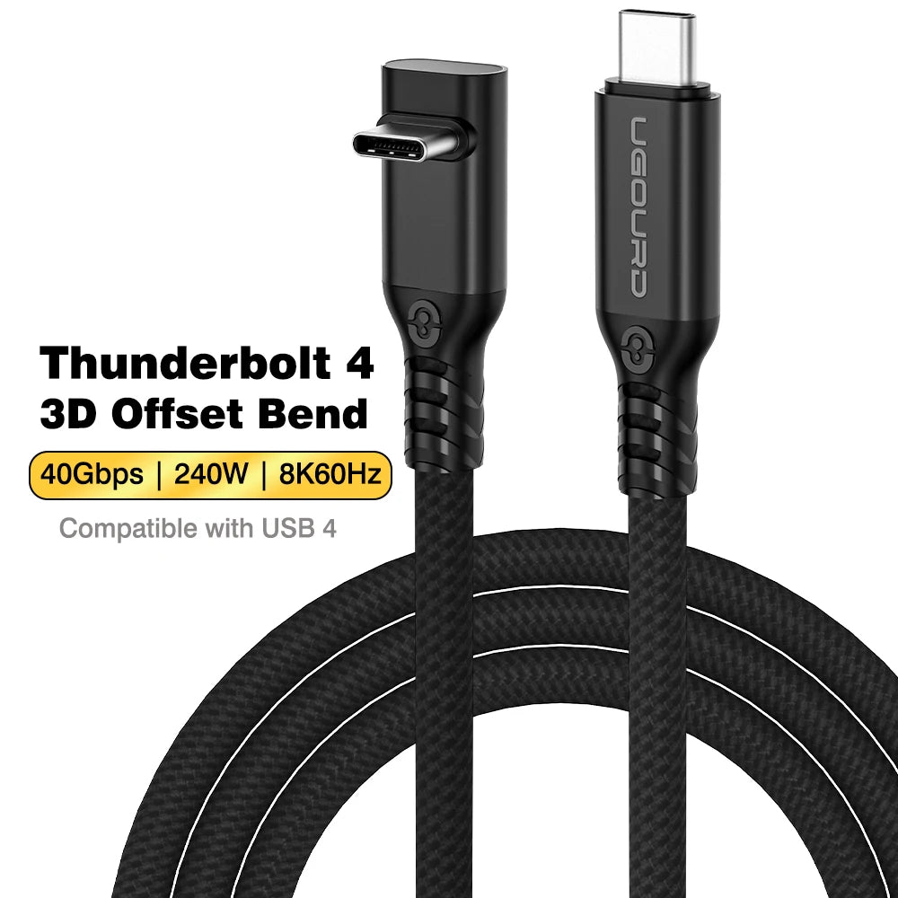 UGOURD Thunderbolt 4 Elbow USB4 Cable 40Gbps PD240W 8K@60Hz Type C to C 90 Degree Side Vertical Bend Braided Cable for SSD EGPU