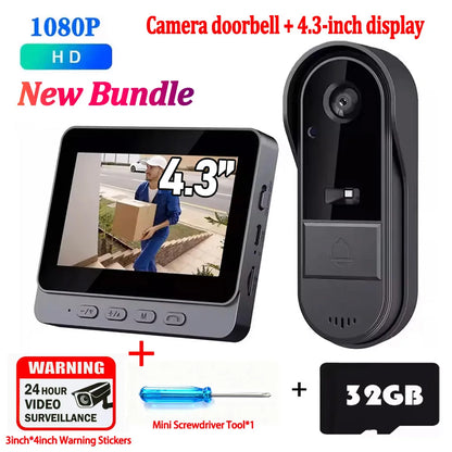 Wireless Wifi Doorbell Camera 1080P Video Intercom Doorbell Waterproof 4.3in IPS Screen Home Security Door Bell IR Night Vision