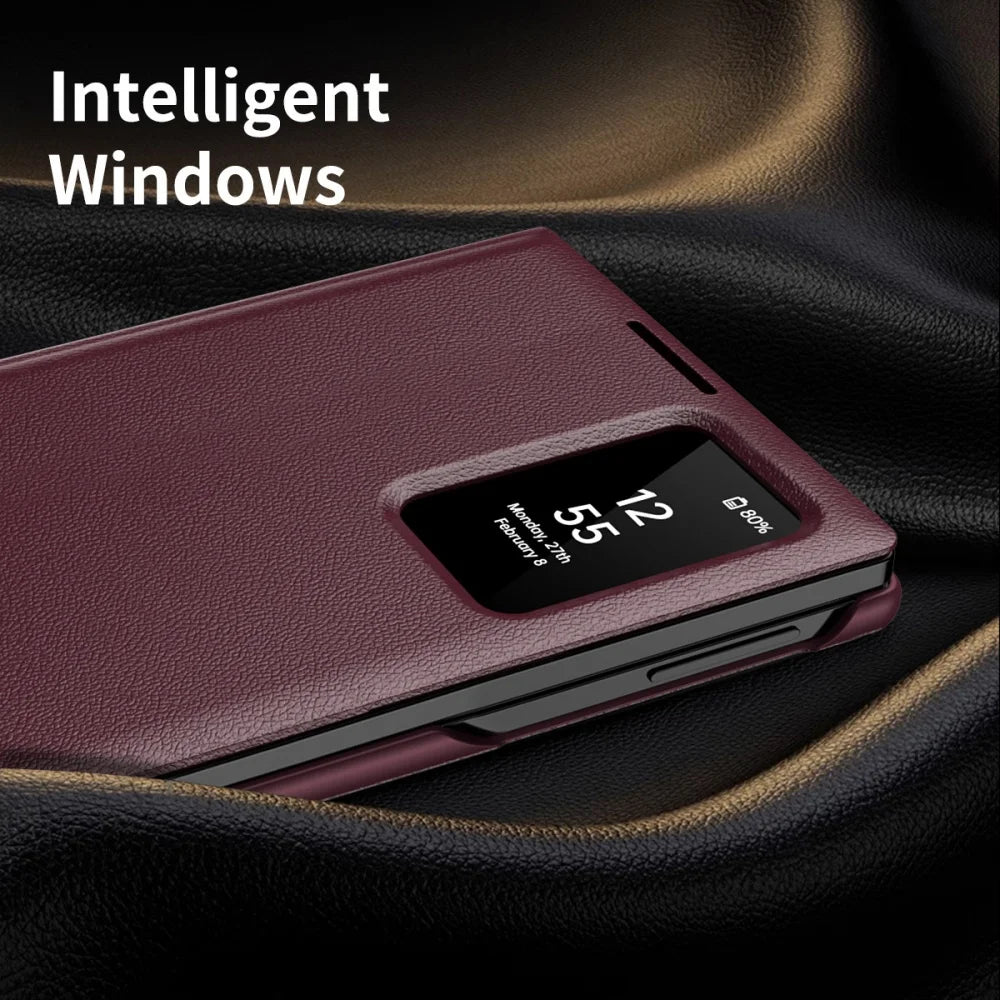 Luxury Leather Wallet Card Slot Smart View Case for Samsung Galaxy Z Fold 8 Fold8 Wide Flip-Free Answering Wake Up Flip Cover
