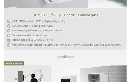 4 Wire M1 HD Doorbell Camera Surface Mount 120° View Angle ONLY for  HOMSECUR 1080P Video Door Phone Intercom Home Security