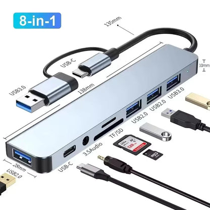 8 In 1 USB Type-C  HUB with Splitter Card Reader USB 3.0 2.0 SD/TF Splitter Card Reader Docking Station for HUAWEI Xiaomi PC