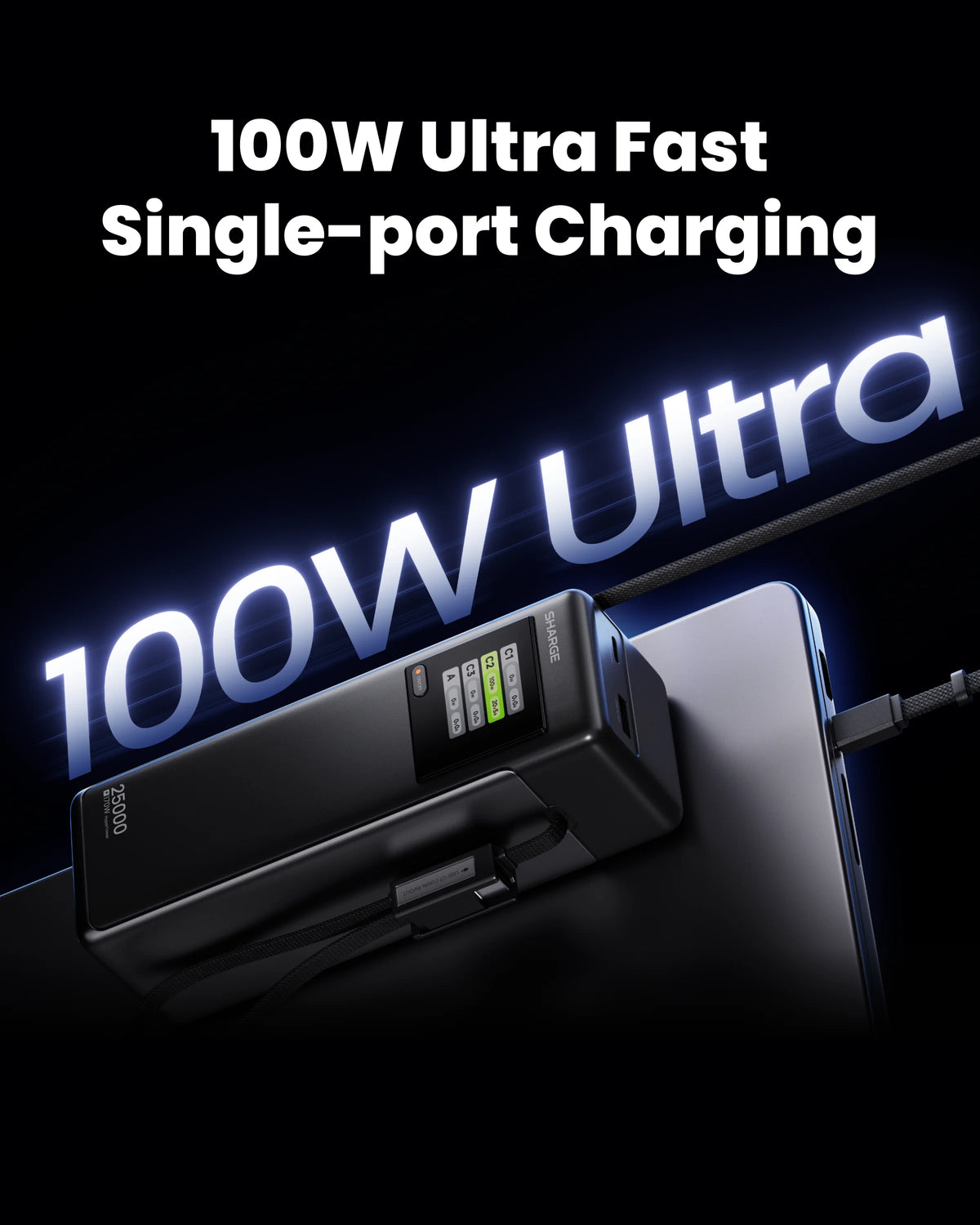 SHARGE 170W Laptop Power Bank 25000mAh Dual Built-in USB-C Cable Fast Charging Battery Pack for iPhone 17/16 Pro Max MacBook