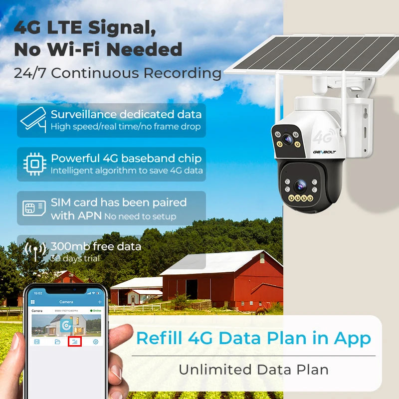 2K 4G Solar Security Camera Outdoor, Dual Lens Spotlight Color Night Vision AOV 24/7 Recording, with SIM, 8W 15600mAh GENBOLT