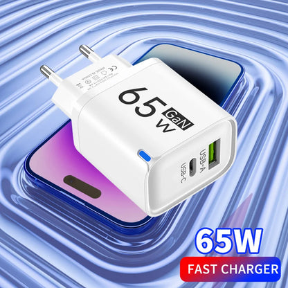 GaN 65W USB Type C Fast Charger 2 in 1 Portable Phone Wall Charger Quick Charge EU US UK Plug For iPhone Samsung Xiaomi Huawei