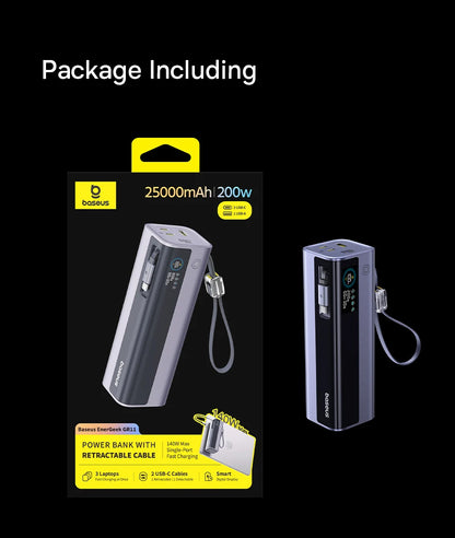 Baseus 200W 25000mAh Power Bank Dual Retractable USB-C Cables 4-Device Fast Charge Portable External Battery Charger For Laptop