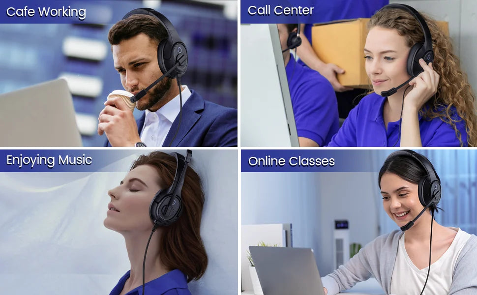 EKSA H2 Office Headset with Mic USB Wired Headphones ENC Noise Cancelling Over-Ear 40mm Mute Switch Volume Control Call Center