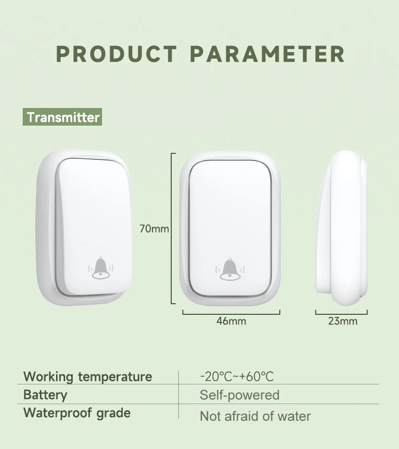 New Long-Range Self Powered Wireless Door Bell No Battery Waterproof 60 Ringtones Kinetic Doorbell EU US UK Plugs Optional