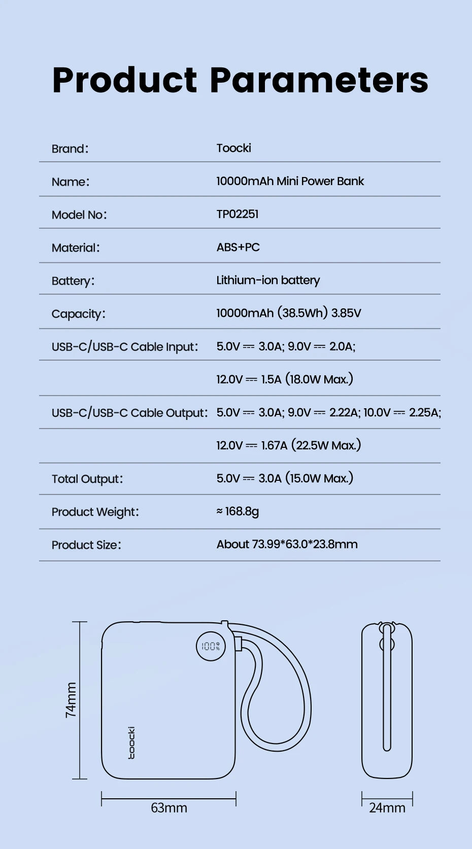 Toocki Portable PowerBank Built-in USB C Cable 10000/20000mAh PD 22.5W Fast Charging Power Bank for iPhone 16 15 14 13 Samsung