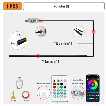 110cm  APP Control Car Ambient Lights LED Interior RGB Symphony Atmosphere Light  Acrylic Strips Dashboard Decoration Sunroof