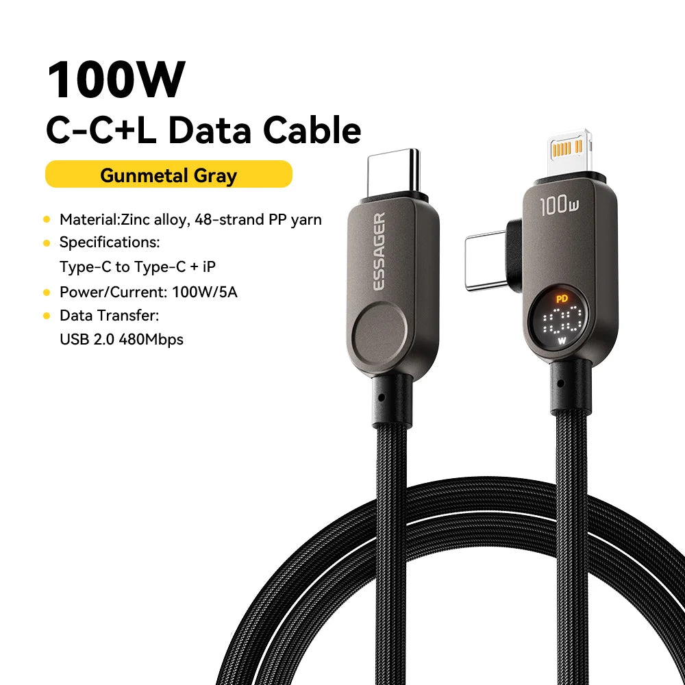 Essager 2-in-1 USB Type C to Lightning Cable 100W PD Fast Charging Wire for iPhone 17/16/15/14 MacBook iPad Xiaomi - Type C to L