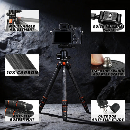 BESnfoto BX-T2561 Carbon Fiber Camera Tripod, Ball Head with Phone Holder & Carry Bag, Professional Travel Photo Tripod