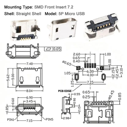 10PCS Micro USB Android Female Charging Socket, Flat Edge Crimped Type, 5Pin, 4 Mounting Pins, SMD & DIP Tail Connector