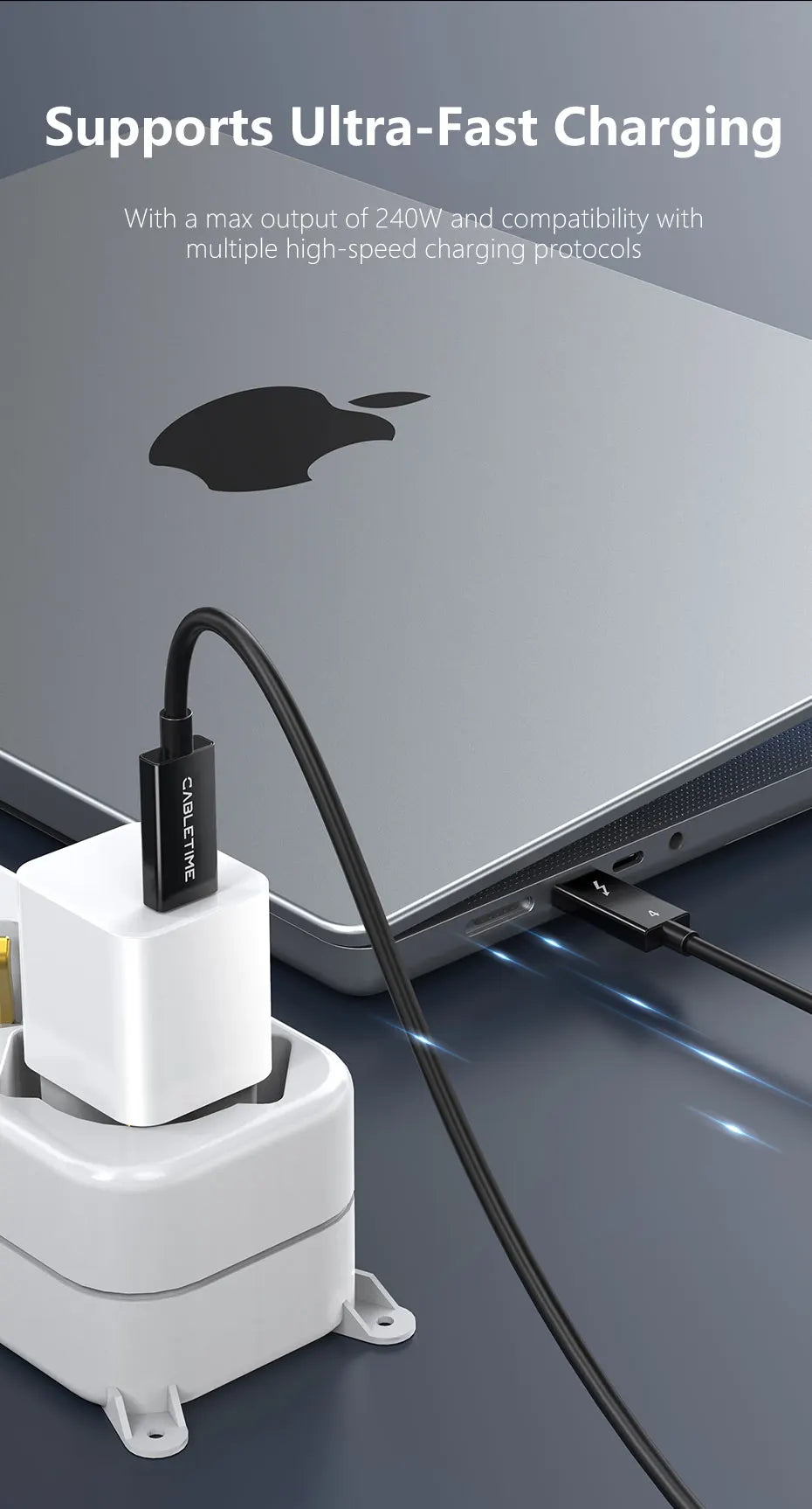 CABLETIME USB C to USB C Cable PD 240W Thunderbolt 4 40Gbps Type C to C 8K 60Hz Cable for Macbook Pro Fast Charge Cable