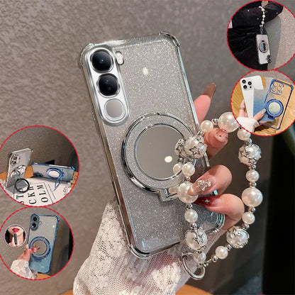 Bling Glitter Lipstick Mirror Stand Phone Case For Vivo Y31 5G Y21D With Pearl Chain Girls Women's Anti-drop Shockproof Cover