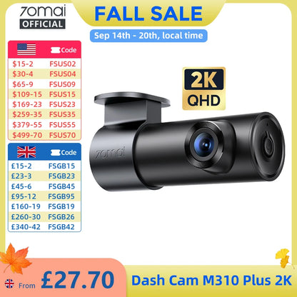 70mai M310 Plus 2K 1440P Dash Cam 143°FOV f/1.55 Large Aperture Smart Voice Control 24H Parking Guard Night Vision Car Camera