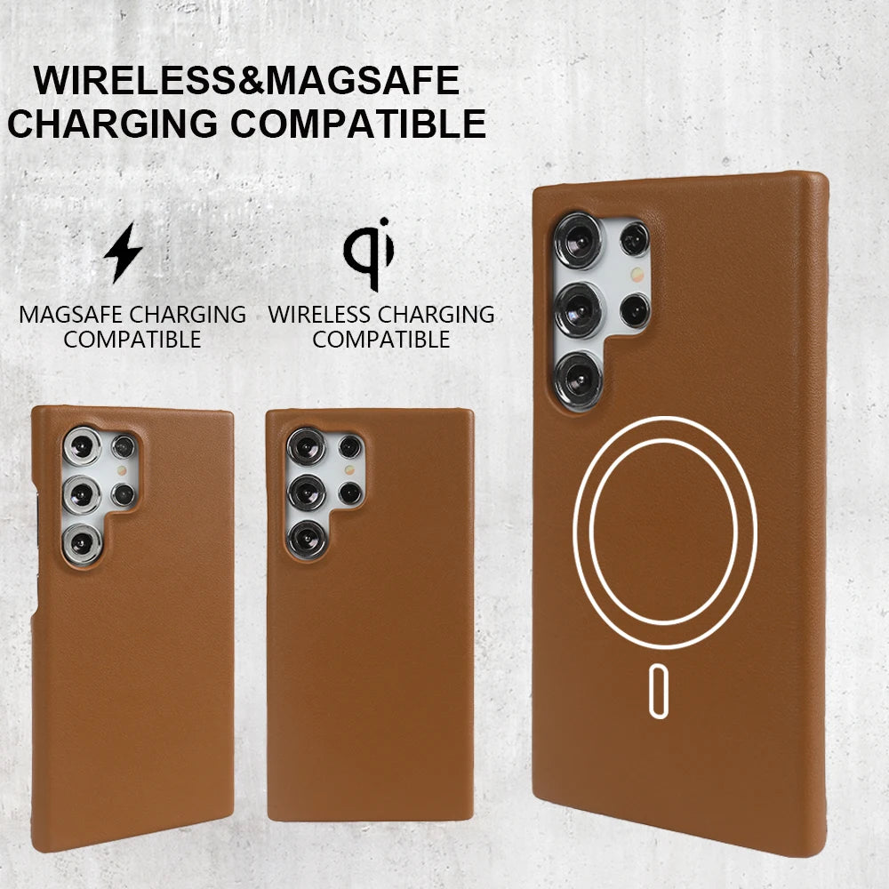 Handmade Premium Genuine Leather Magnetic Case for Samsung Galaxy S25 Ultra Case S24FE S23 S22 S21 S20 Note20Ultra Magsafe Cover