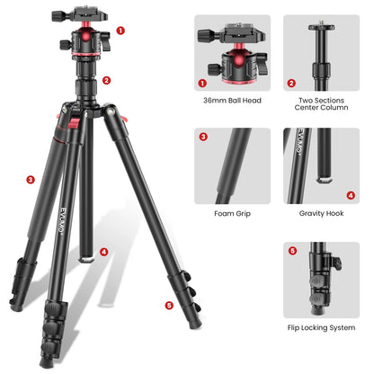 68'' Tripod for Camera Mobile Phone Flexible Travel Professional Camera Tripod Stand Video Aluminum Monopod for Dslr Ball Head