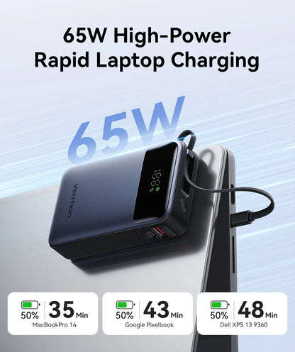 Vention 65W Power Bank 20000mAh Built-in USB-C Cable Portable Powerbank for Laptop PD Fast Charger for iPhone 18 Samsung S26 S25