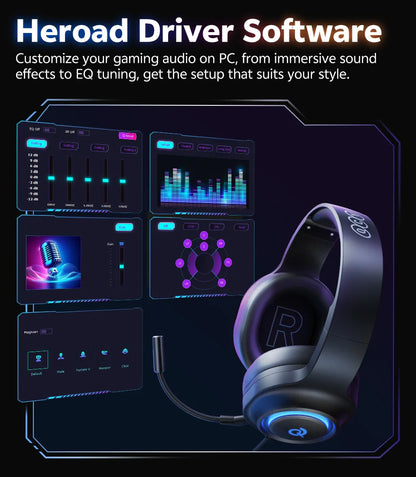 QCY Heroad V200 Gaming Headset Bluetooth 6.0 with Mic 50mm Driver 7.1 Surround Sound RGB Over Ear Headphones for PC Laptop PS4/5
