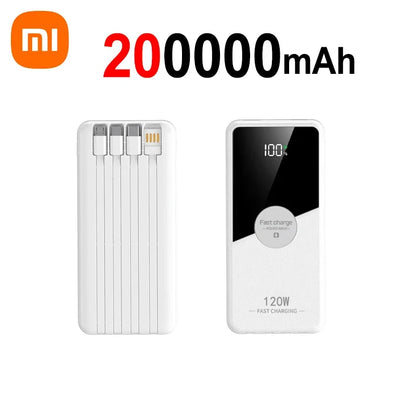 PowerBank 200000mAh Large Capacity with 4 Cables Fast Charging Portable Battery Charger for IPhone16 15 14 Samsung Xiaomi