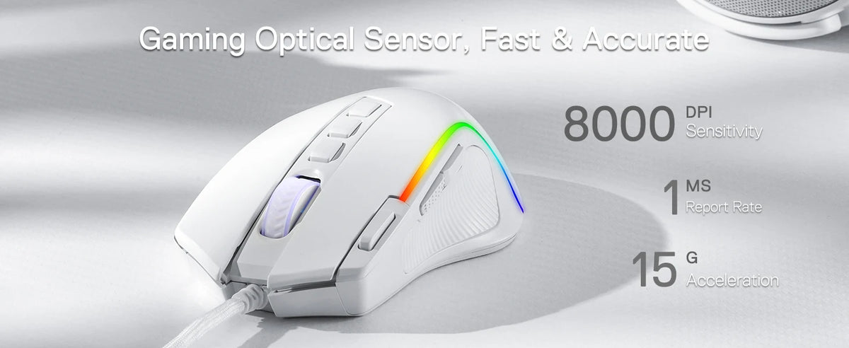 Redragon M612 Predator RGB Gaming Mouse 8000 DPI Wired Optical with 11 Programmable Buttons, White