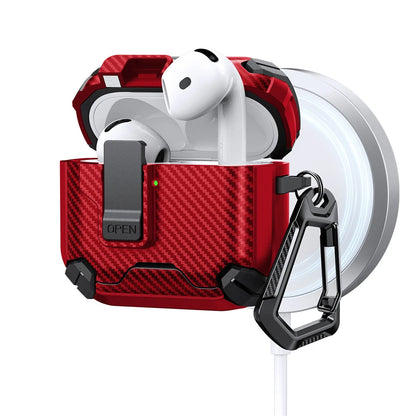 Safety Lock Carbon Fiber Phone Holder Bluetooth Headset Cover For AirPods 4 Pro 3 2 Anti Fall Protective Earphone Case With Hook