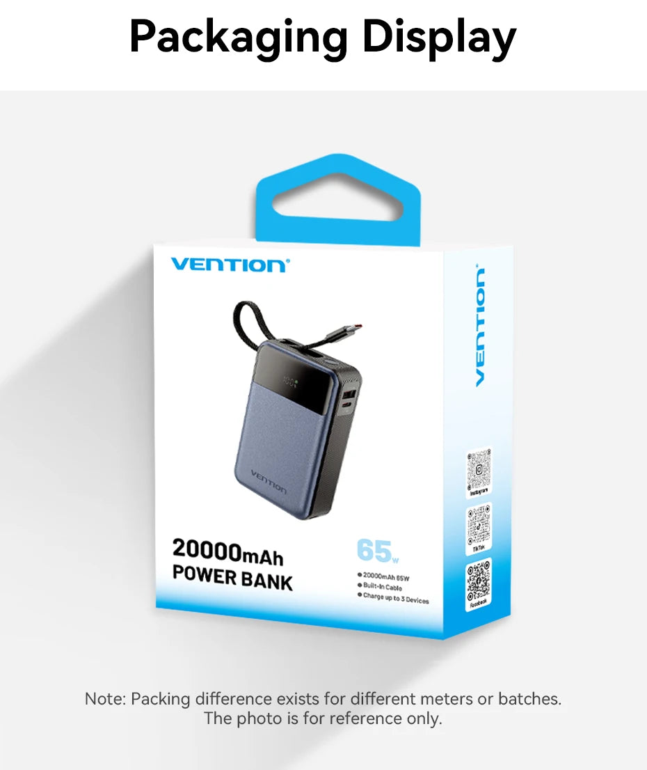 Vention 65W Power Bank 20000mAh Built-in USB-C Cable Portable Powerbank for Laptop PD Fast Charger for iPhone 18 Samsung S26 S25