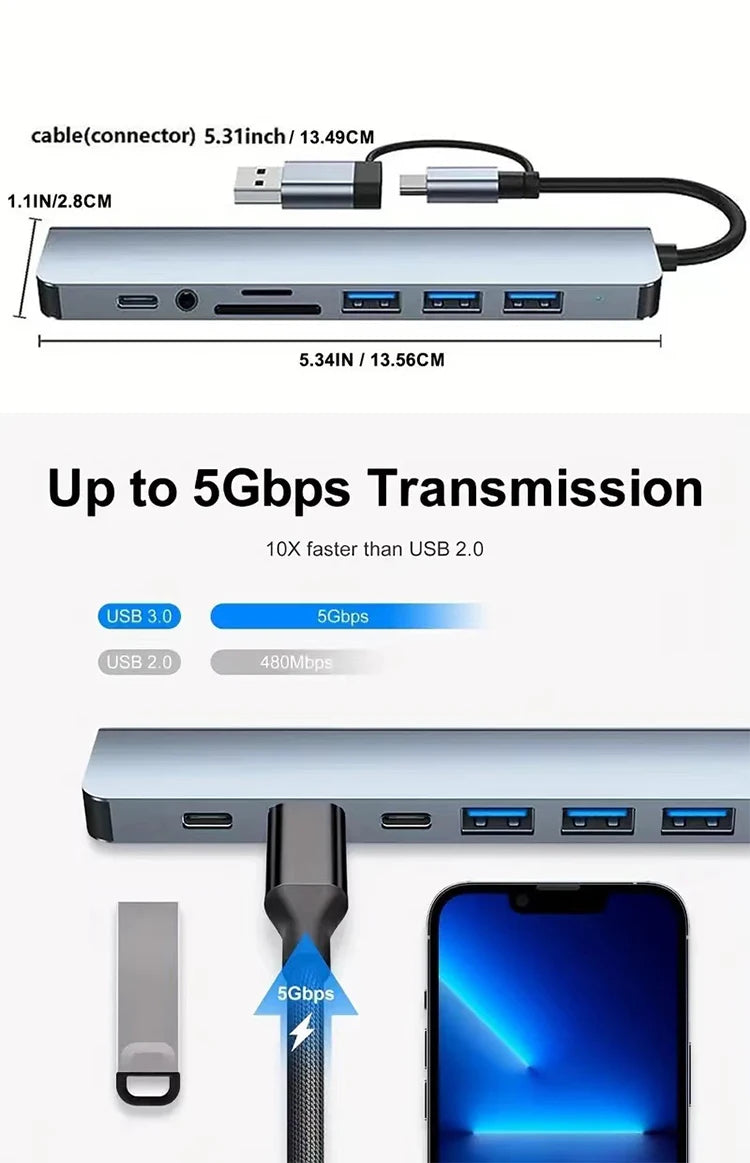 8 In 1 USB Type-C  HUB with Splitter Card Reader USB 3.0 2.0 SD/TF Splitter Card Reader Docking Station for HUAWEI Xiaomi PC