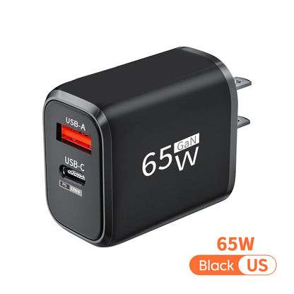 PD 65W GaN 2 In 1 Charger  for iPhone 18 17 XiaomiEU/US Plug USB Type C Fast Charging Wall Charger Portable Quick Charge Adapter