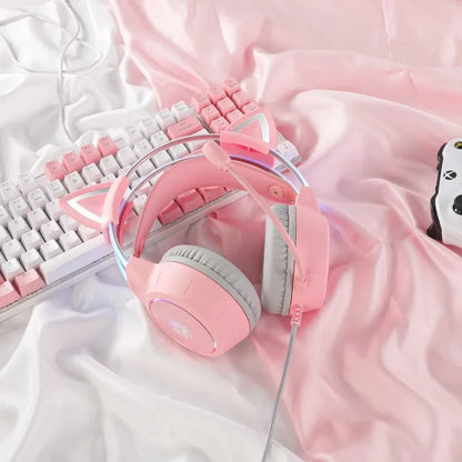 ONIKUMA X15 Pro Pink Cat Ear Gaming Headset Wired RGB Headphones 50MM Driver 3.5MM Stereo Sound Flexible Mic for PC PS4 PS5 Xbox