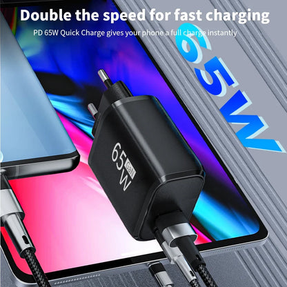PD 65W GaN 2 In 1 Charger  for iPhone 18 17 XiaomiEU/US Plug USB Type C Fast Charging Wall Charger Portable Quick Charge Adapter