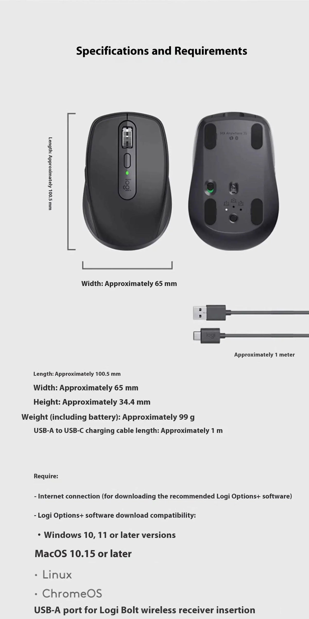 Logitech MX Anywhere 3S Wireless Ergonomic Mouse, 8000 DPI Darkfield, MagSpeed, Logitech Flow, 10m Range, USB-C, Multi-Device