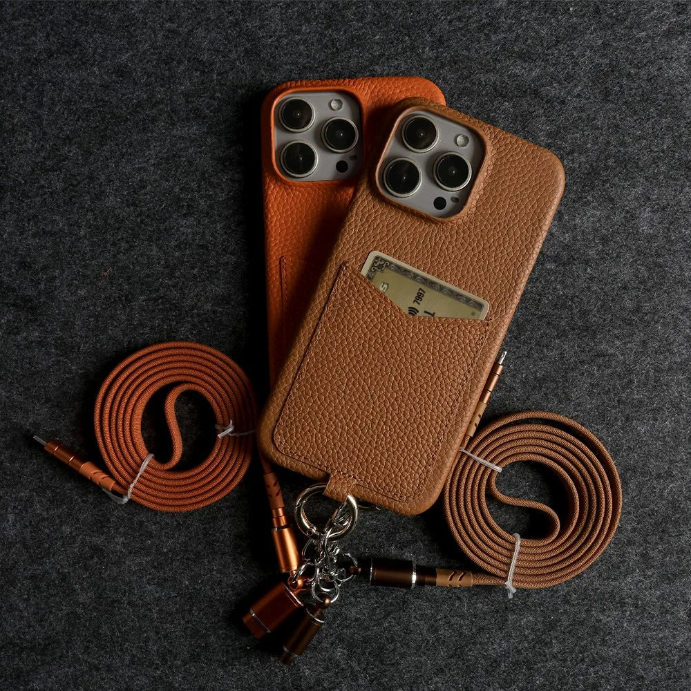 Multifunctional Charging Cable Lanyard Genuine Leather Case for IPhone 18 Pro Max 17Pro 16 15 14 13Pro Crossbody Strap Card Slot