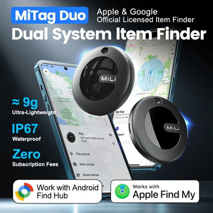 Dual System MiLi MiTag Smart Location Tag Bluetooth GPS Tracker Locator Keys Finder Works With Apple Find My & Google Find Hub