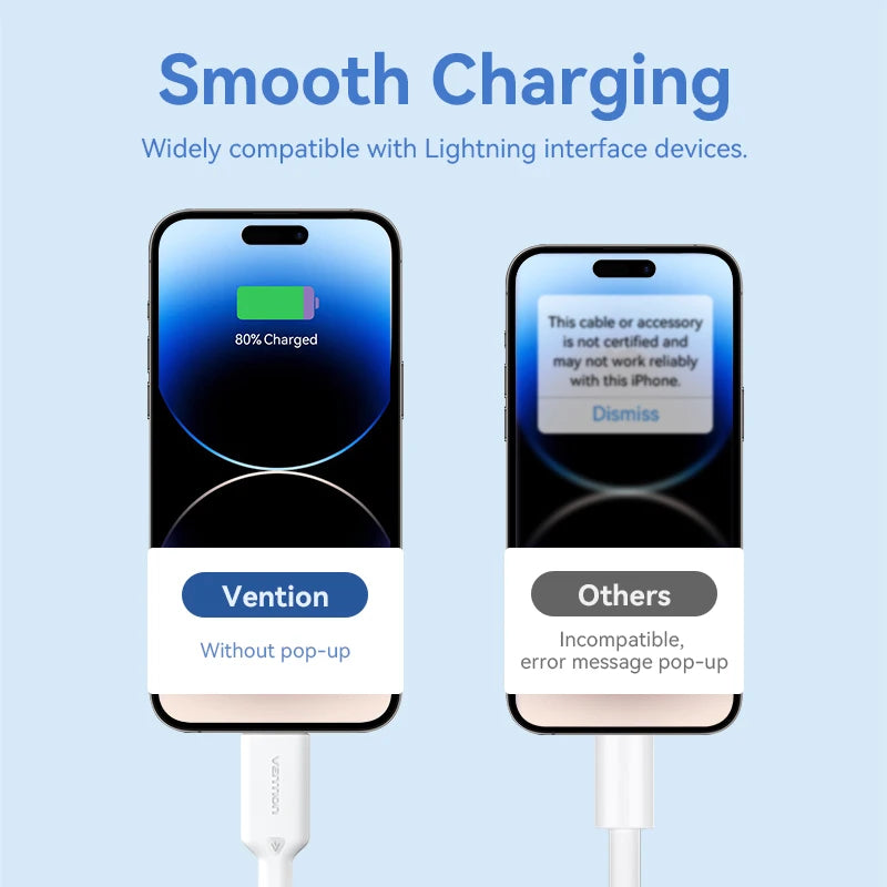 Vention Lightning Cable 2.4A for iPhone 14 13 12 11 8 Pro Max 2.4A USB A to Lightning Fast Charge Cord for iPad Phone Data Cable