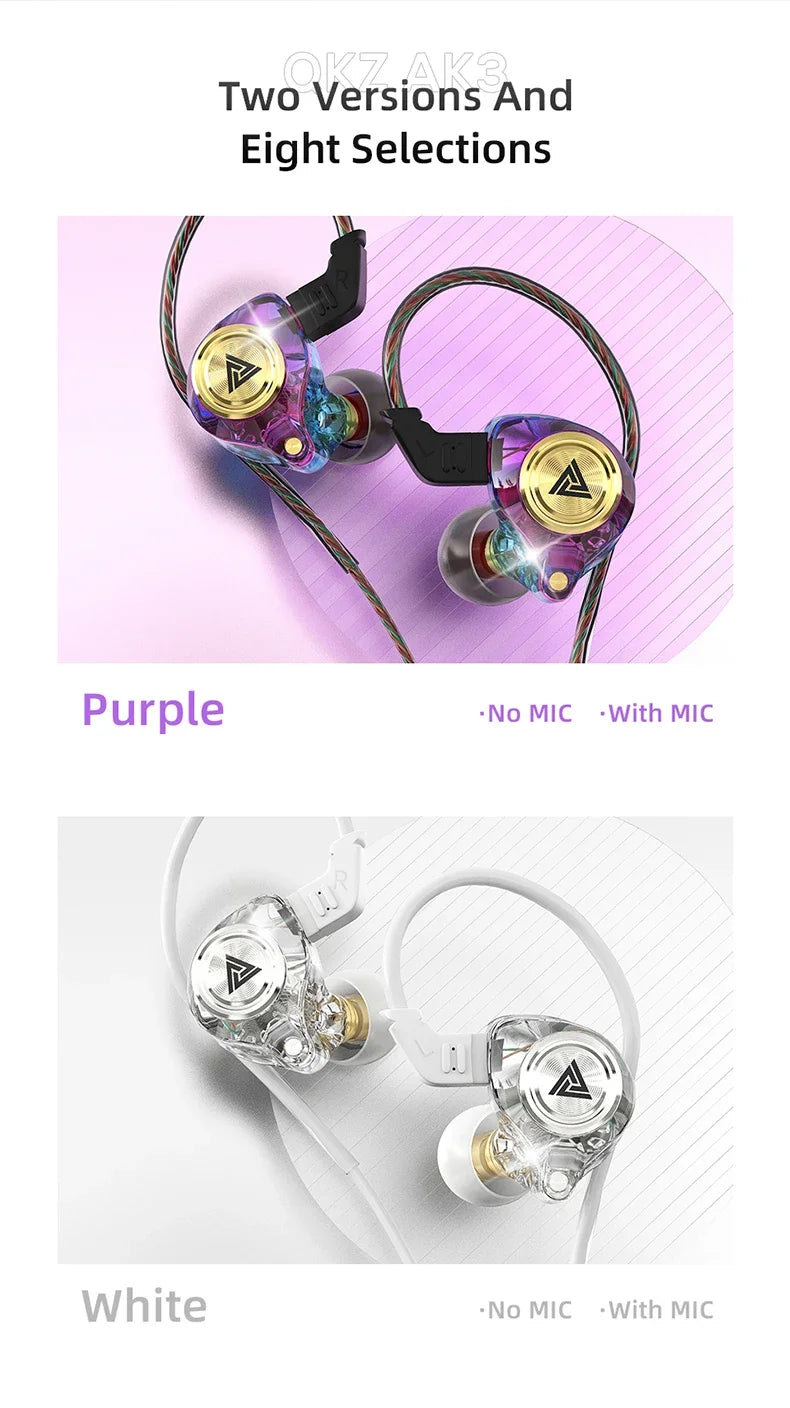 QKZ AK3 FiLe Wired Earphone with Microphone HiFi Music Monitor Bass Headphones Noise Cancelling Headset For Sport Gaming Earbuds